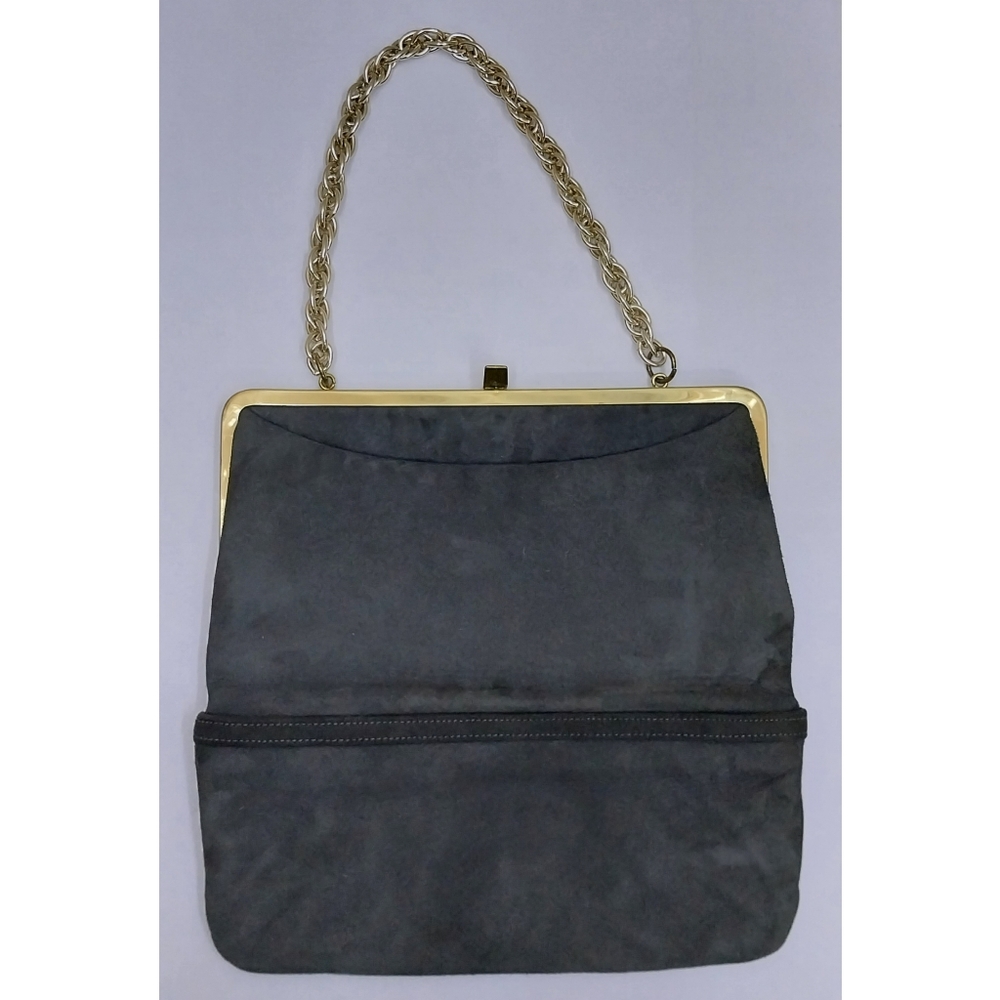 1950s Suede Shoulder Bag Convertible Clutch Madwed Gray Foldover Gold Chain